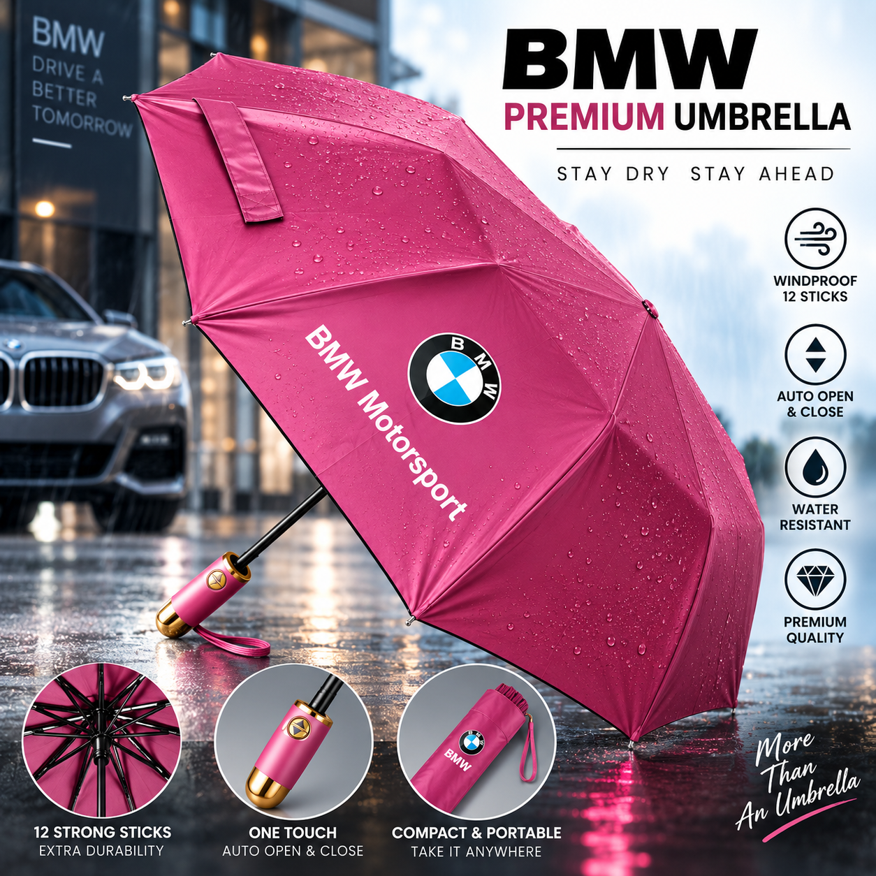 BMW Windproof 12-Rib Automatic Folding Umbrella – Heavy-Duty Weather-Resistant Polyester Rain Umbrella with Auto Open & Close Mechanism, Premium Chinese Import