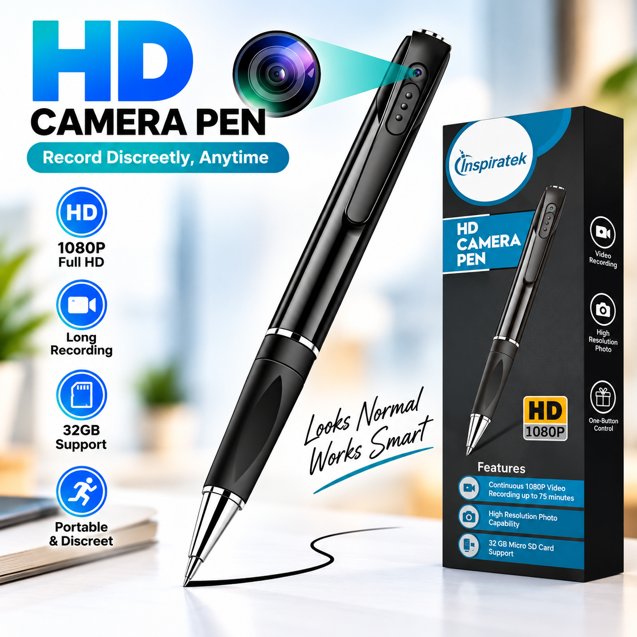 W8 Mini FHD Portable 1080P Hidden Spy Pen Camera Camcorder – 150 Min Battery Backup, Secret Video Recorder, Photo Capture & Working Ballpoint Pen